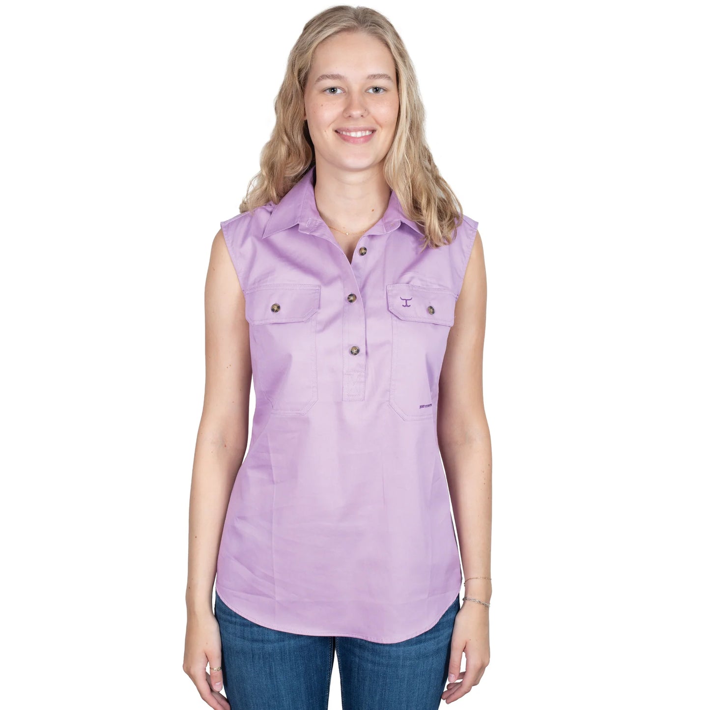 Just Country - Work Shirt - Womens - Kerry Half Button Sleeveless Work Shirt - Orchid