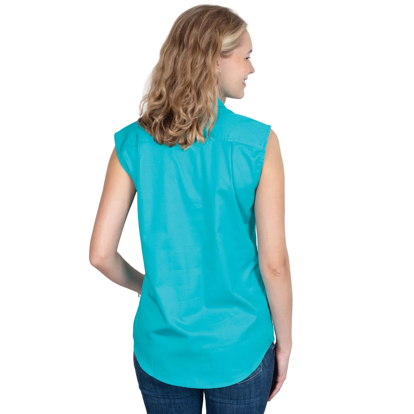 Just Country - Work Shirt - Womens - Kerry Half Button Sleeveless Work Shirt - Turquoise