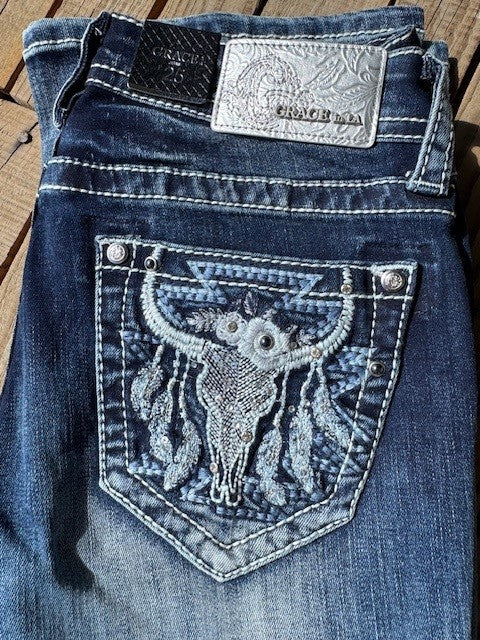 Grace In La - Denim - Womans - Blue Cow Skull Boot Cut Jean - EBS749