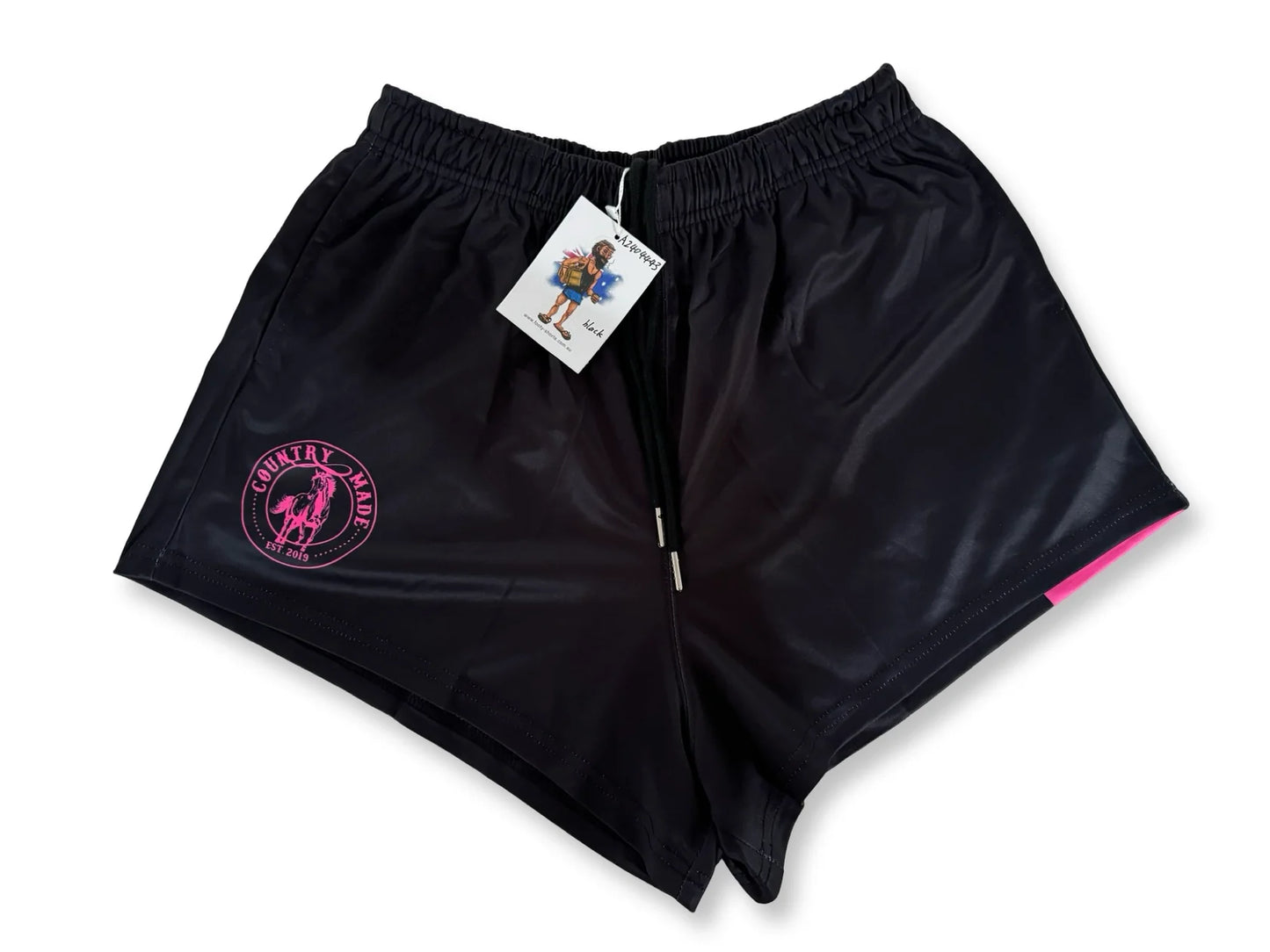 Aussie Footy Shorts - AFS - Plain Pink And Black Footy Shorts - With Pockets