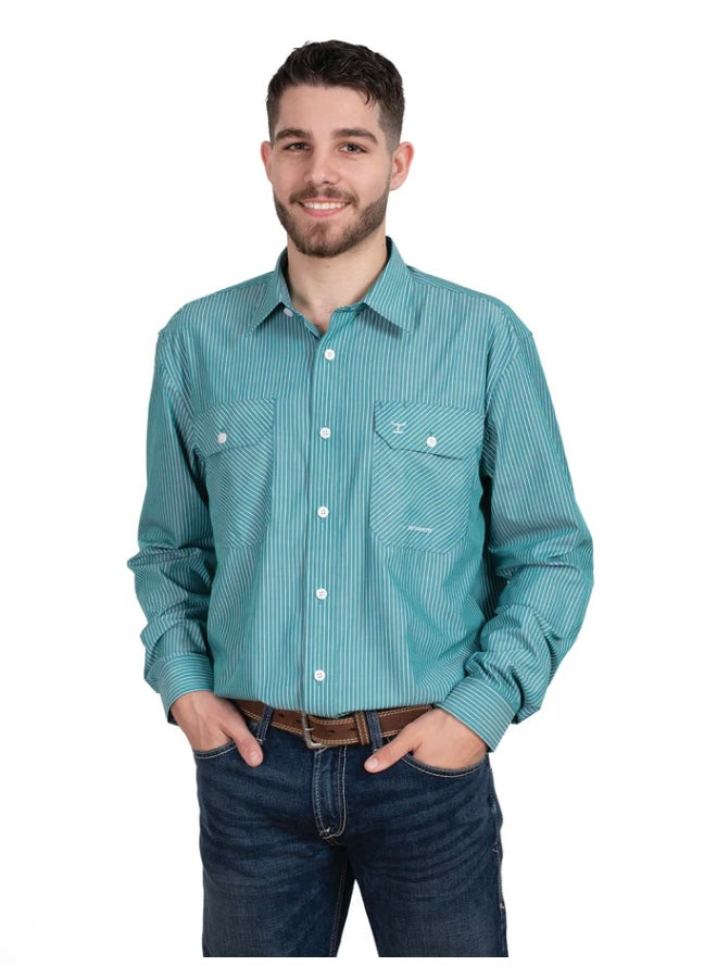Just Country - Work Shirt - Mens - Even Bamboo - Green/White Stripe