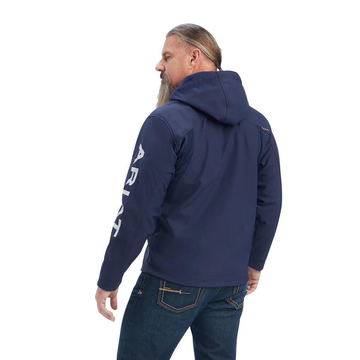 ARIAT MENS - REBAR STRETCH CANVAS SOFTSHELL HOODED LOGO JACKET - NAVY / GREY-XS - City and Country