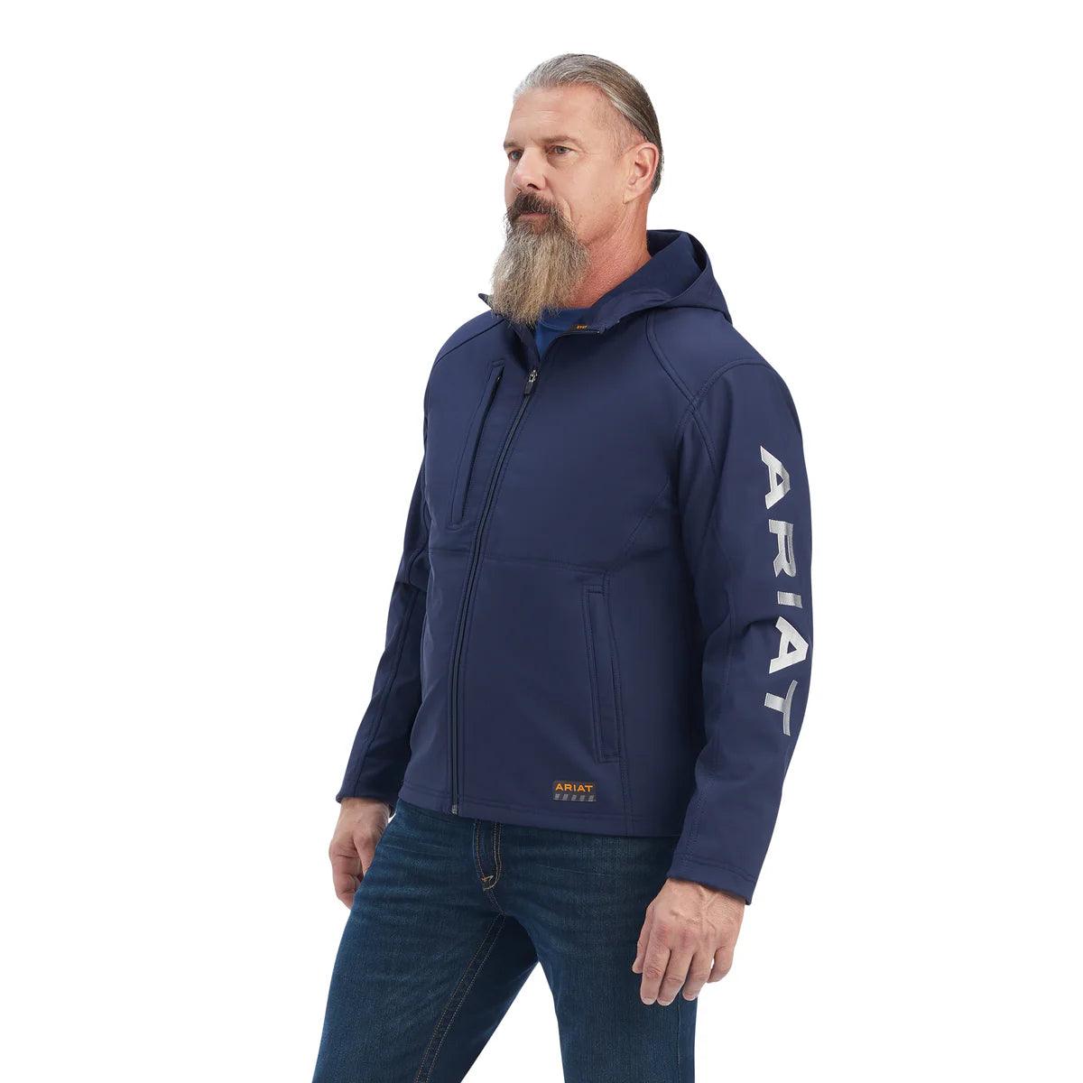 ARIAT MENS - REBAR STRETCH CANVAS SOFTSHELL HOODED LOGO JACKET - NAVY / GREY-XS - City and Country