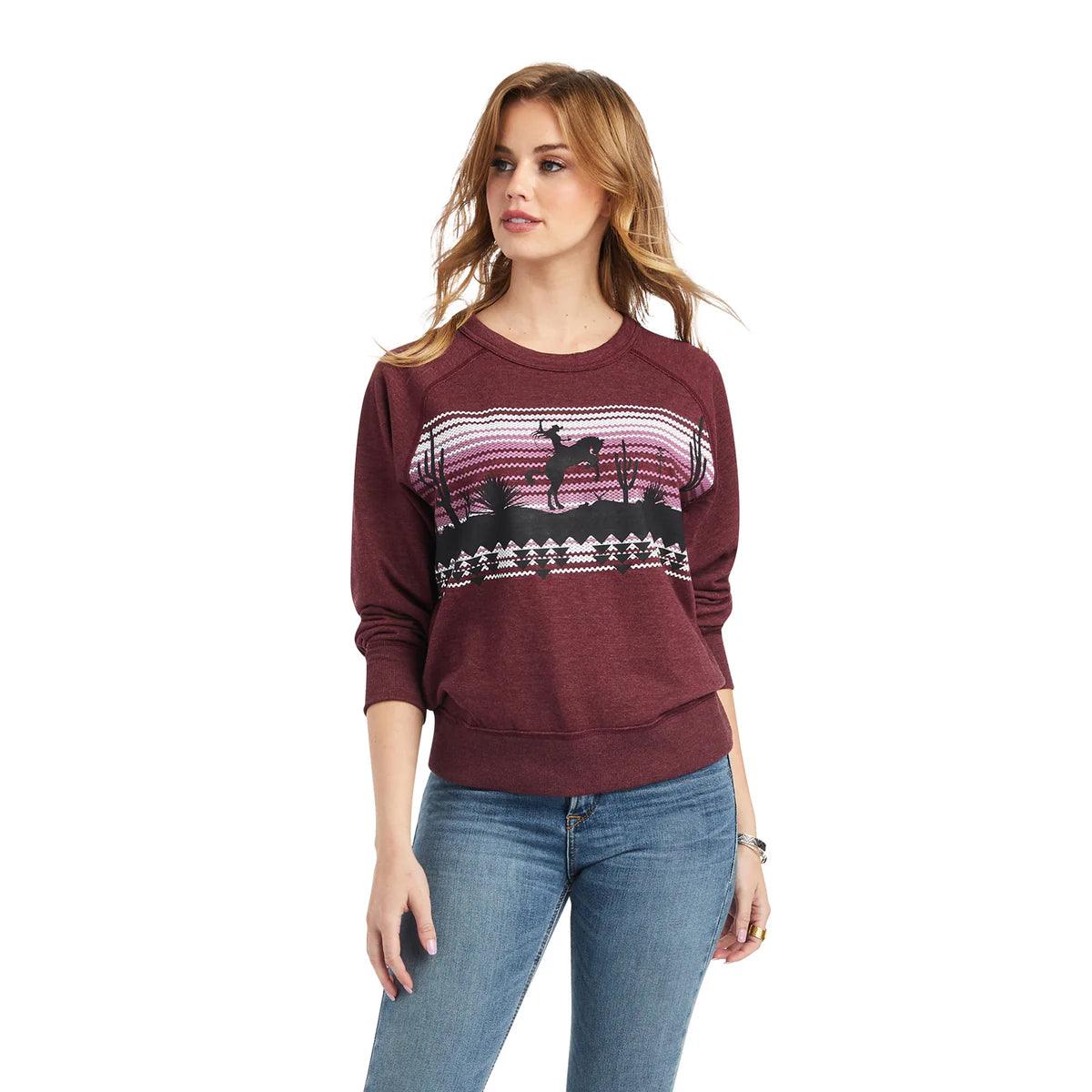 ARIAT WOMENS - DESERT RIDE CREW SWEATSHIRT - MAROON BANNER - City N Country