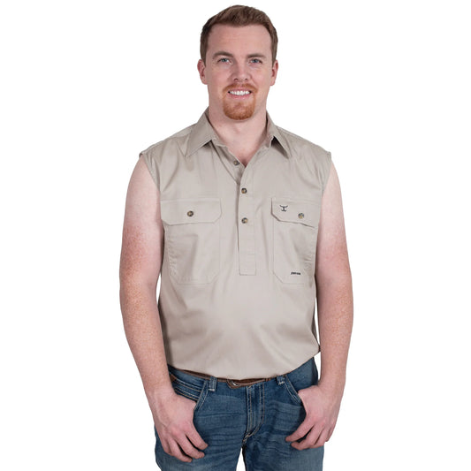 Just Country - Work Shirt - Mens - Jack Half Button Sleeveless Work Shirt - Stone
