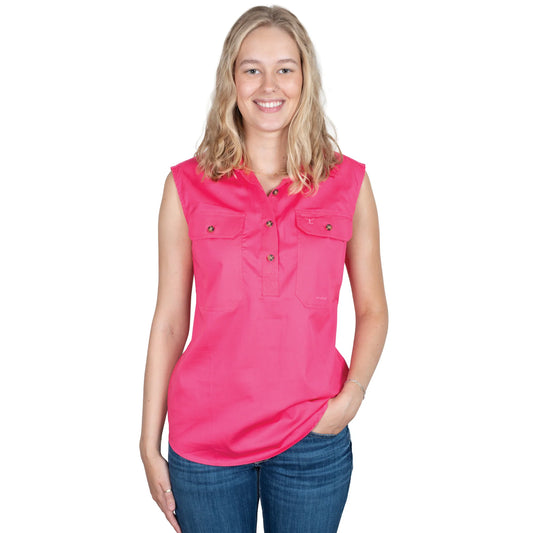 Just Country - Work Shirt - Womens - Kerry Half Button Sleeveless Work Shirt - Hot Pink