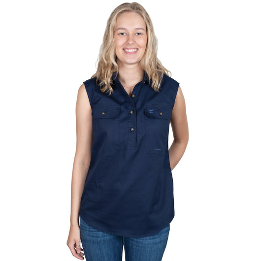 Just Country - Work Shirt - Womens - Kerry Half Button Sleeveless Work Shirt - Navy