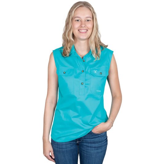 Just Country - Work Shirt - Womens - Kerry Half Button Sleeveless Work Shirt - Turquoise
