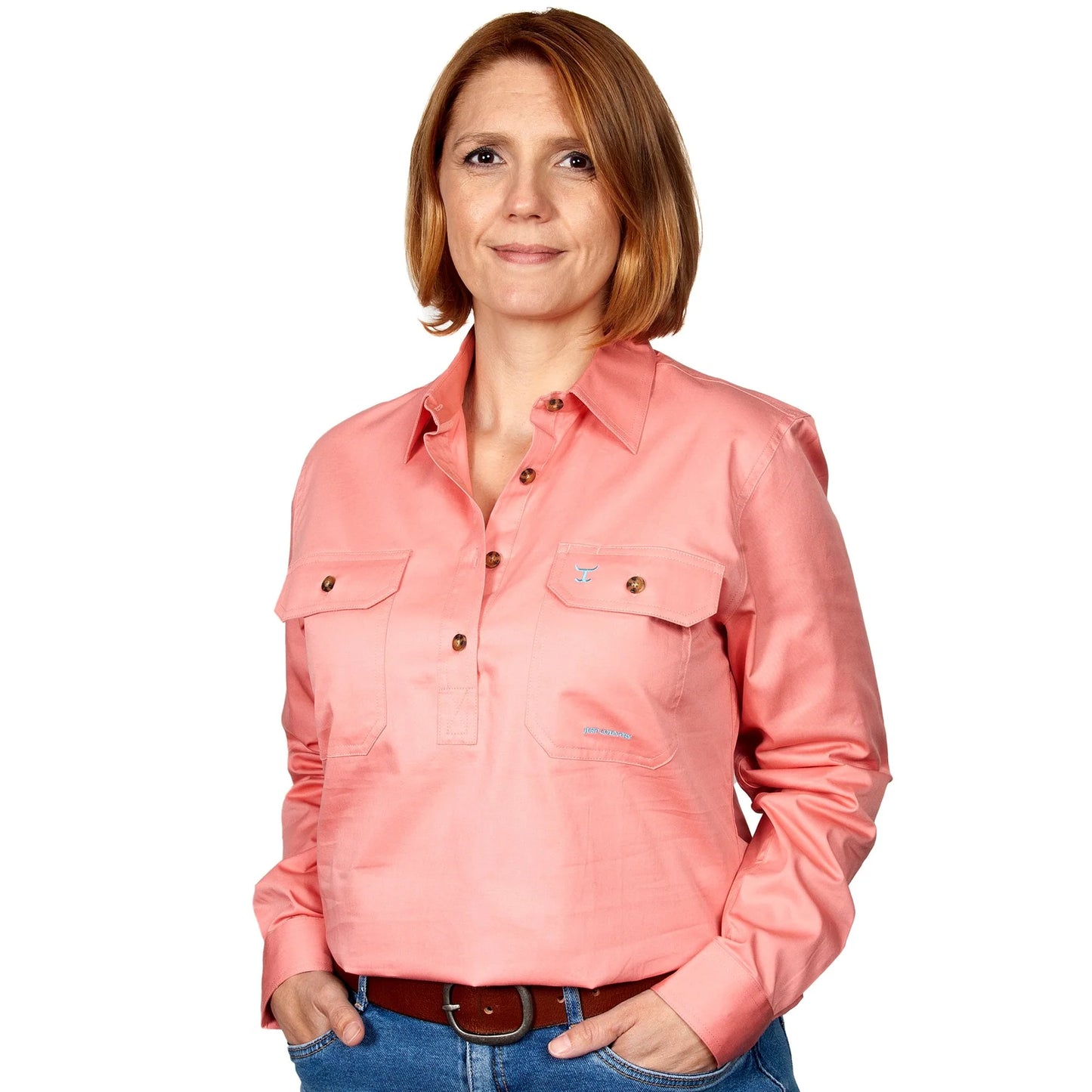 Just Country - Work Shirt - Womens - Jahna Half Button Long Sleeve Work Shirt - Blush