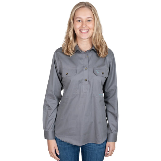 Just Country - Work Shirt - Womens - Jahna Half Button Long Sleeve Work Shirt - Steel Grey