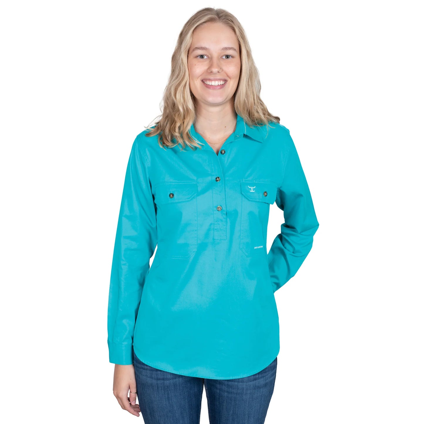 Just Country - Work Shirt - Womens - Jahna Half Button Long Sleeve Work Shirt - Turquoise