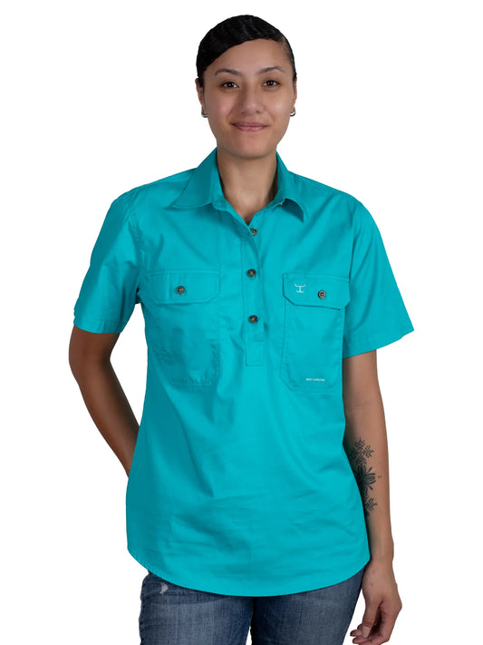 Just Country - Work Shirt - Womens - Evie Half Button Short Sleeve Work Shirt - Turquoise