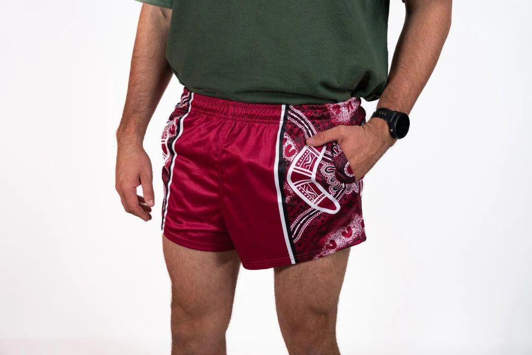 AFS -  Maroon Boomerang Indigenous Dot Art- Footy Shorts - (With Pockets)