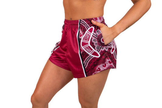 AFS -  Maroon Boomerang Indigenous Dot Art- Footy Shorts - (With Pockets)