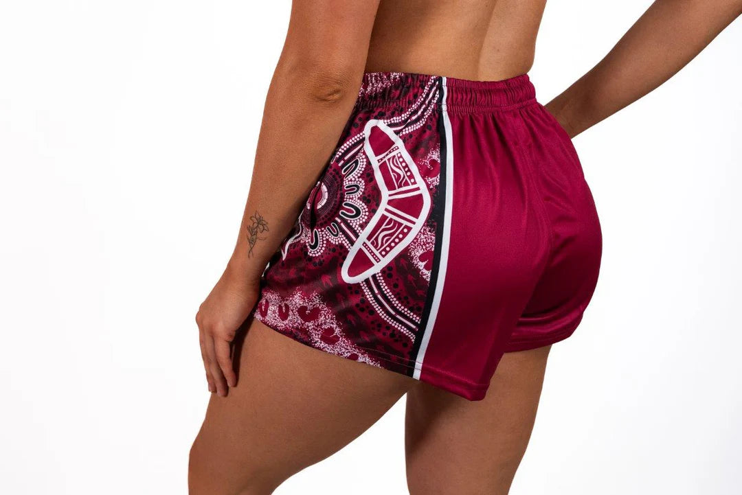 AFS -  Maroon Boomerang Indigenous Dot Art- Footy Shorts - (With Pockets)