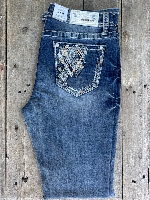 Grace In La - Denim - Womens - Embroidered Corner Flower Jean - EBS817