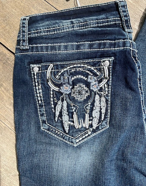 Grace In La - Denim - Womans - Embroidered Dreamcatcher Boot Cut Jean - EBS829