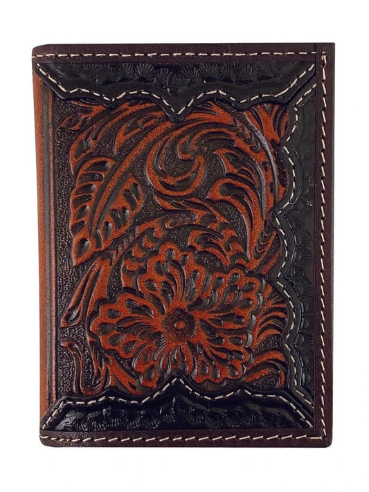 Roper - Wallet - Tri Fold Tooled Leather Wallet - Dark Brown