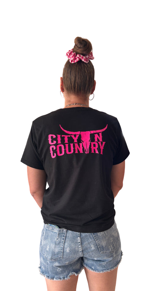 City N Country - CNC - Shirt - Womens - Classic T Shirt - Black And Pink Logo