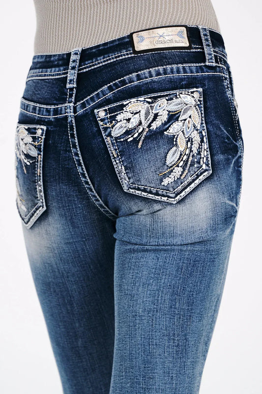Grace In La - Denim - Womens - Embroidered Corner Leaves Jean - EB51893