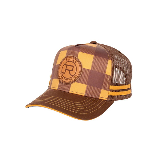 Roper Trucker Cap - Plaid Mustard/Brown