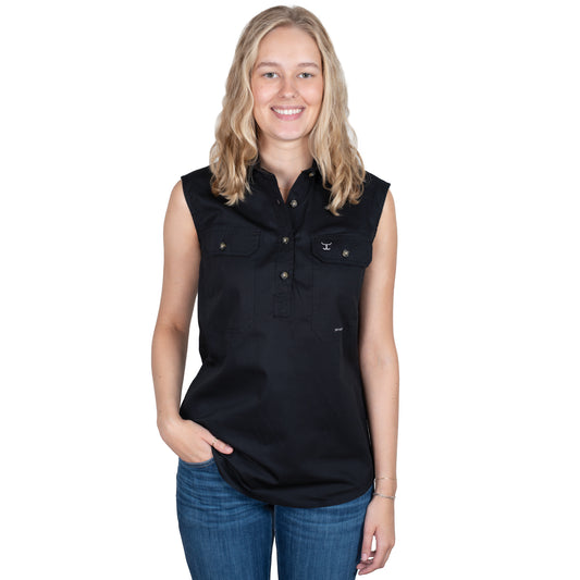 Just Country - Work Shirt - Womens - Kerry Half Button Sleeveless Work Shirt - Black